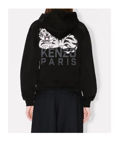 Kenzo ' Happy Tiger' Zip-up Hoodie In Cotton In Black