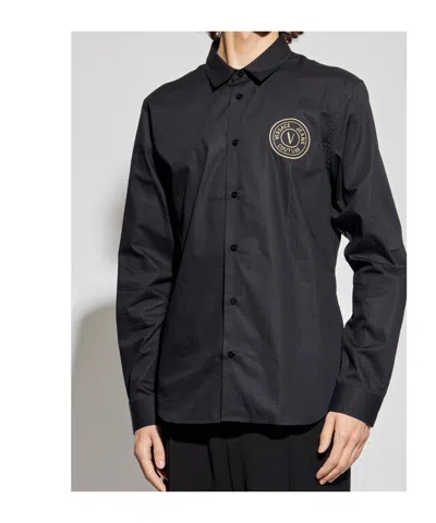 Versace Jeans Couture Logo Embroidered Long-sleeved Shirt In Black