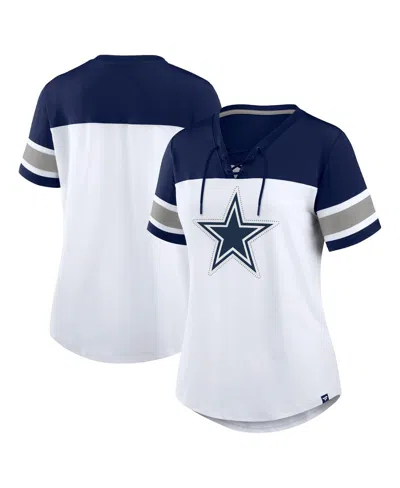 Fanatics Women's White/navy Dallas Cowboys Athena Rhinestone Lace-up V-neck T-shirt