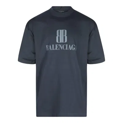 Balenciaga High-collar Black T-shirt With Logo Print In Blue