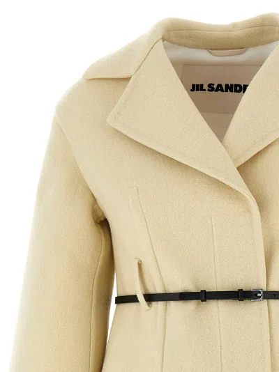 Jil Sander Tailored Coat With Belted Waist And Structured Shoulders In Nude