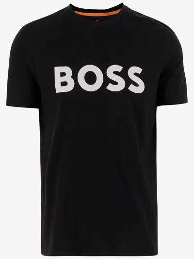 Hugo Boss Cotton-jersey T-shirt With Curved-logo Print In Black