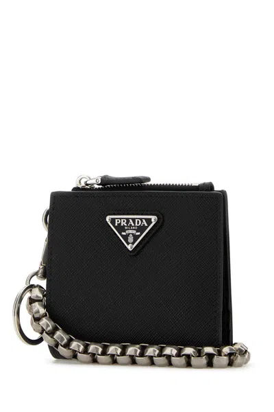 Prada Leather Wallet With Keyring Attachment And Metal Chain In Black