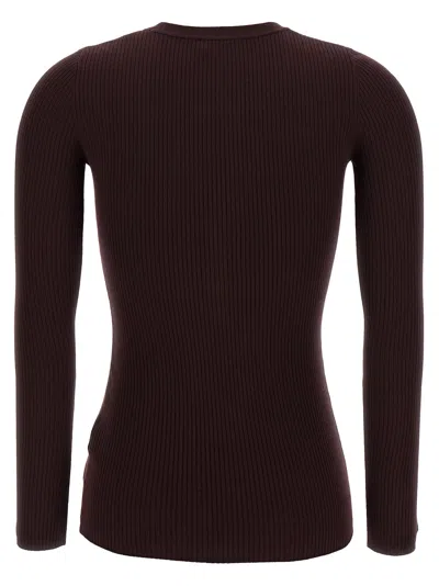 Elisabetta Franchi Fitted Ribbed Knit Top With Decorative Buttons And Gold Accent In Brown
