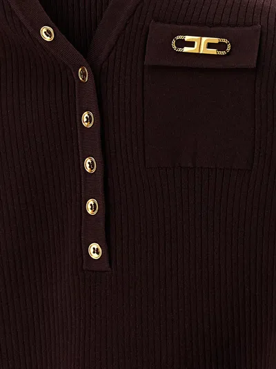 Elisabetta Franchi Fitted Ribbed Knit Top With Decorative Buttons And Gold Accent In Brown