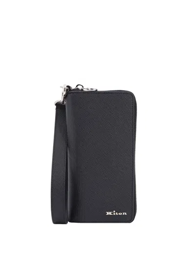 Kiton Leather Wallet With Metal Logo In Black