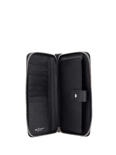 Kiton Leather Wallet With Metal Logo In Black