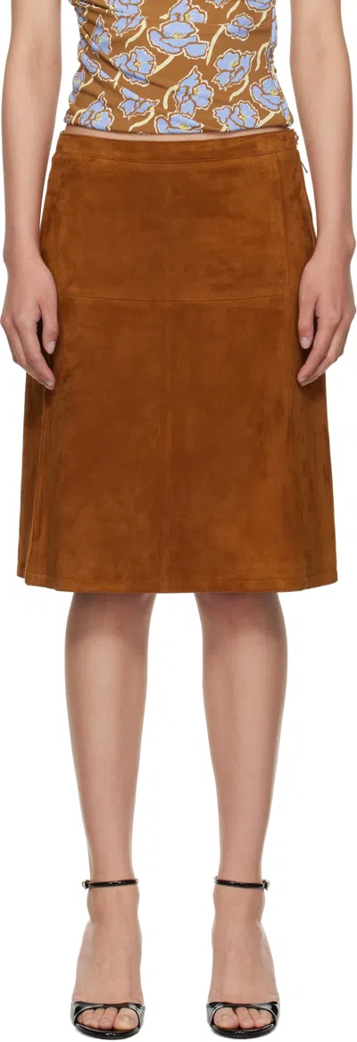 Versace Brown Zip Suede Midi Skirt In Brown