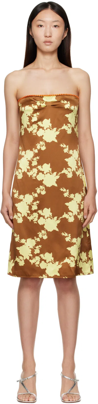 Versace Floral Strapless Silk Satin Knee-length Dress In Brown