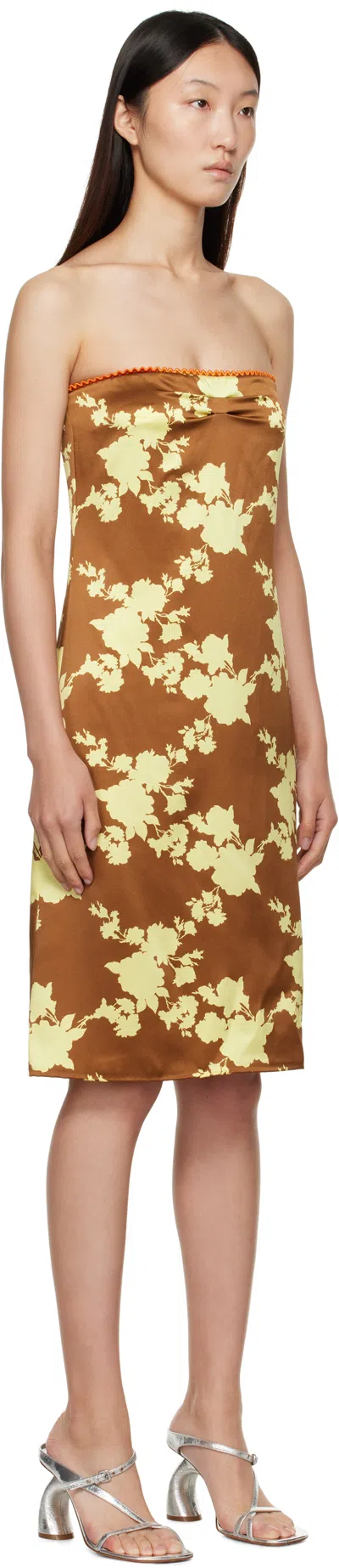 Versace Floral Strapless Silk Satin Knee-length Dress In Brown