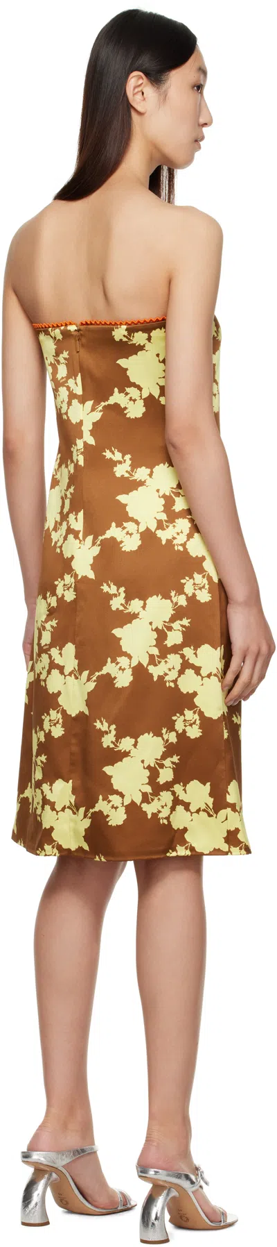 Versace Floral Strapless Silk Satin Knee-length Dress In Brown