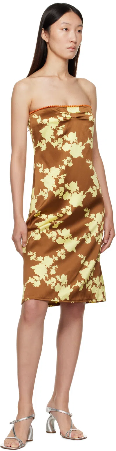 Versace Floral Strapless Silk Satin Knee-length Dress In Brown