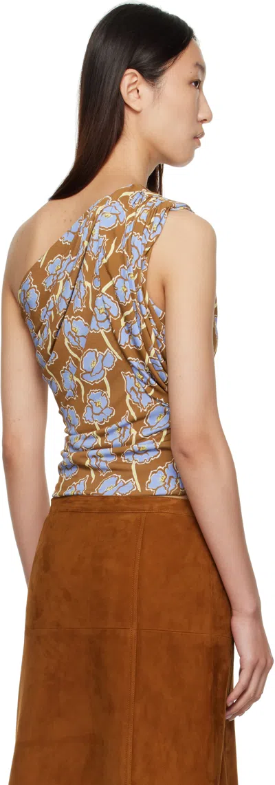 Versace Poppies-print Crepe Jersey One-shoulder Crop Blouse In Brown