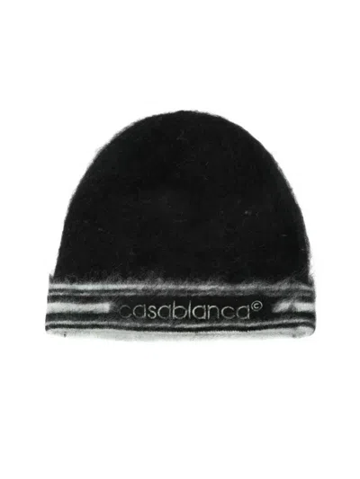 Casablanca Fuzzy Black Mohair Beanie With Contrasting Stripes In Black