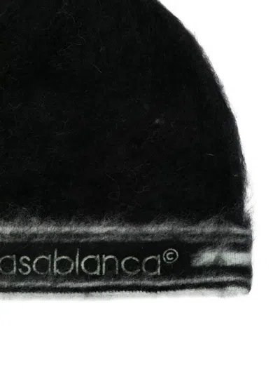 Casablanca Fuzzy Black Mohair Beanie With Contrasting Stripes In Black