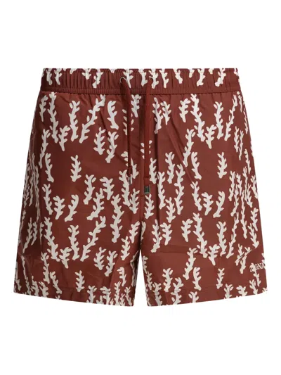 Zegna Leaf-print Swim Shorts In Brown