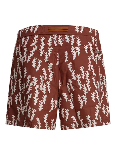 Zegna Leaf-print Swim Shorts In Brown