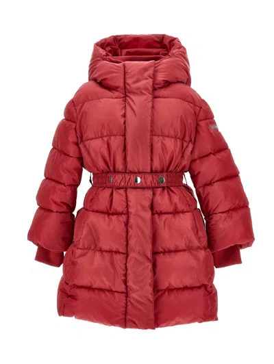 Monnalisa Down Jacket With Belt And Hood In Red