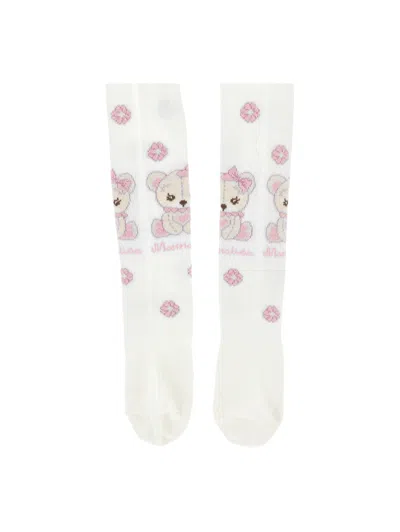 Monnalisa Jacquard Teddy Bear Tights In White