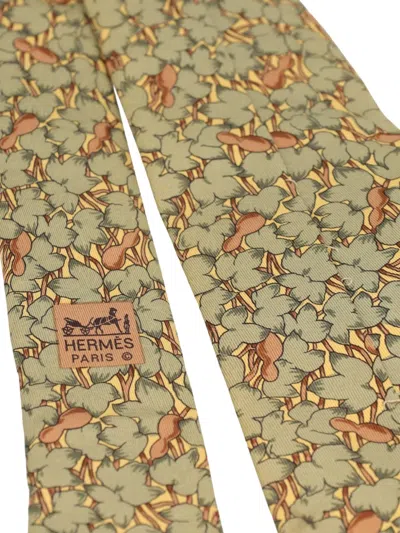 Pre-owned Hermes 2025 Leaves-print Silk Tie In Yellow