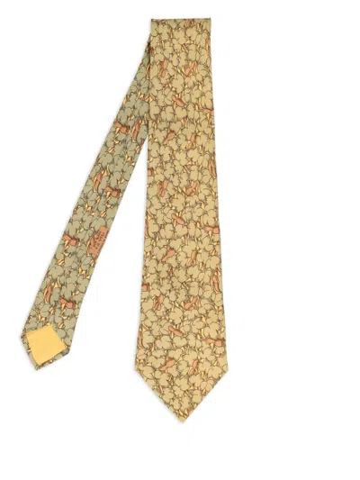 Pre-owned Hermes 2025 Leaves-print Silk Tie In Yellow