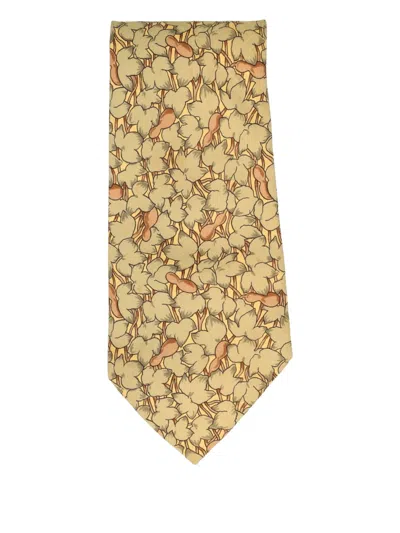 Pre-owned Hermes 2025 Leaves-print Silk Tie In Yellow