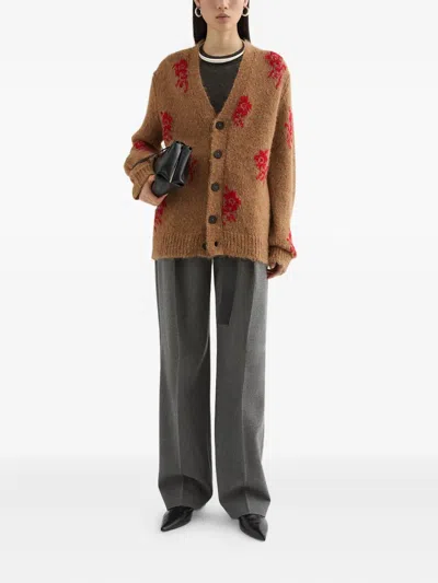 Jil Sander Flower Intarsia-knit Cardigan In Brown