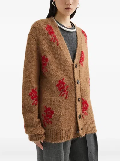 Jil Sander Flower Intarsia-knit Cardigan In Brown