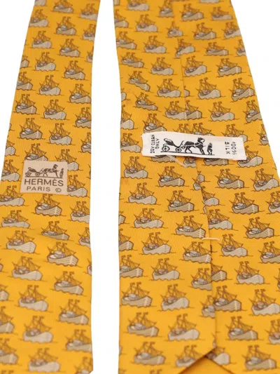 Pre-owned Hermes 2023 Boat-print Silk Tie In Yellow