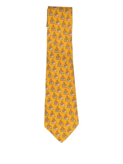 Pre-owned Hermes 2023 Boat-print Silk Tie In Yellow