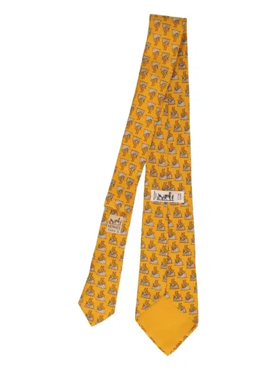 Pre-owned Hermes 2023 Boat-print Silk Tie In Yellow