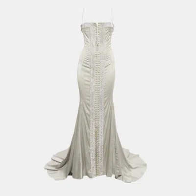 Pre-owned Dolce & Gabbana Grey Crystal Embellished Satin Silk Corset Gown M In Gray