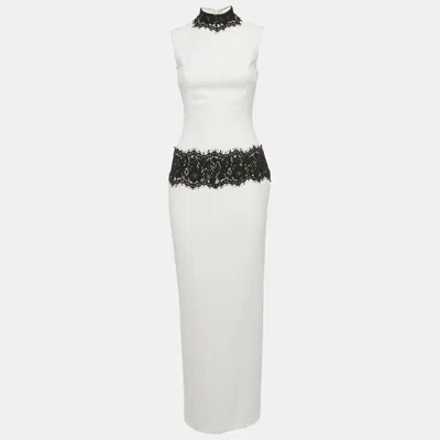 Pre-owned Rasario White Lace Trim Crepe Maxi Dress S