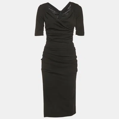 Pre-owned Dolce & Gabbana Black Stretch Crepe Wool Ruche Midi Dress S