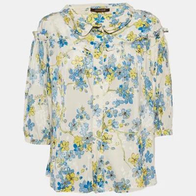 Pre-owned Roberto Cavalli White/blue Floral Print Silk Ruffled Blouse M
