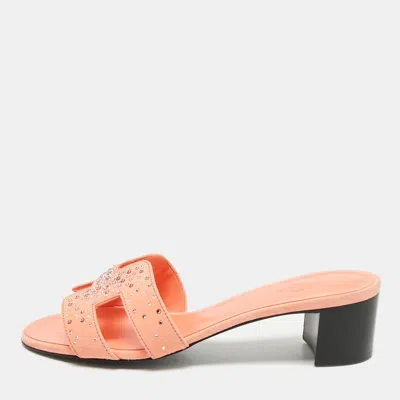 Pre-owned Hermes Orange Suede Crystal Embellished Oasis Slide Sandals Size 37