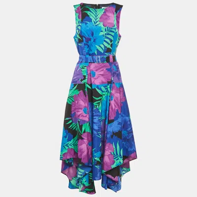 Pre-owned Calvin Klein Blue Floral Print Crepe Asymmetrical Midi Dress M