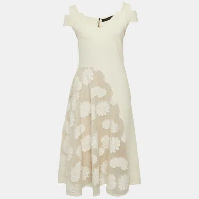 Pre-owned Roland Mouret Off White Cotton & Crepe Stretch Floral Applique Midi Dress M