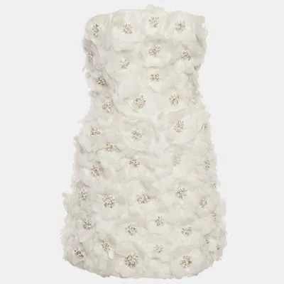 Pre-owned Alice And Olivia White Embellished Floral Applique Nylon Feather Detail Strapless Mini Dress S
