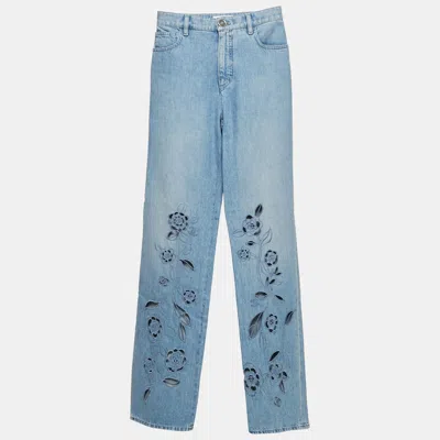 Pre-owned Chanel Blue Floral Floral Cut-work Denim Straight Leg High Rise Jeans Waist 24" S