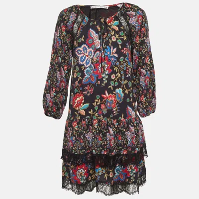 Pre-owned Alice And Olivia Black Floral Print Crepe & Lace Tiered Dress M