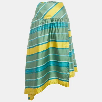 Pre-owned Max Mara Green/yellow Striped Silk Midi Skirt M