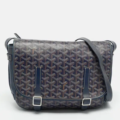Pre-owned Goyard Ine Coated Canvas And Leather Belvedere Mm Saddle Bag In Blue