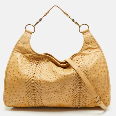 Pre-owned Bottega Veneta Tan Ostrich Oversized Hobo In Brown