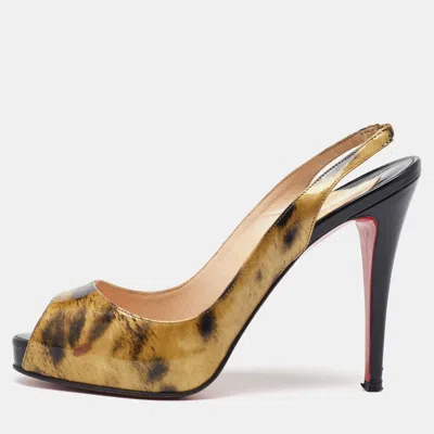 Pre-owned Christian Louboutin Black/gold Printed Patent Leather No Prive Peep Toe Slingback Sandals Size 39