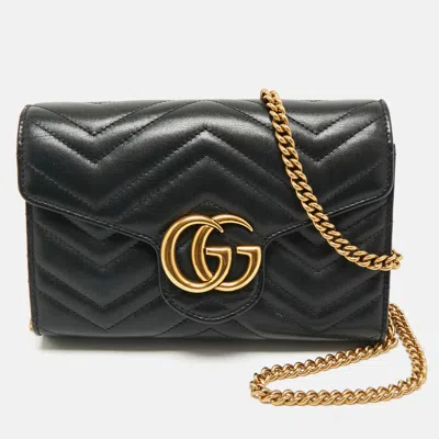 Pre-owned Gucci Black Matelassé Leather Gg Marmont Wallet On Chain