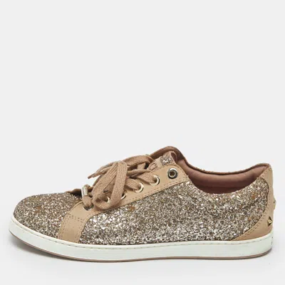 Pre-owned Jimmy Choo Metallic Beige Glitter And Suede Low Top Sneakers Size 39.5 In Sand