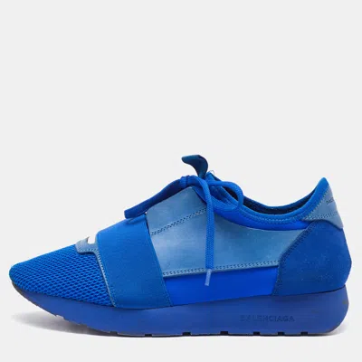 Pre-owned Balenciaga Blue Leather Suede And Mesh Race Runner Low Top Sneakers Size 39