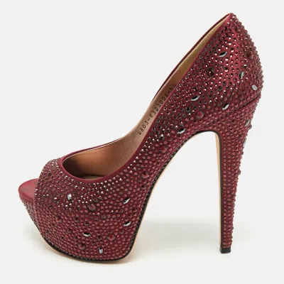 Pre-owned Gina Burgundy Satin Crystal Embellished Peep Toe Platform Pumps Size 39.5
