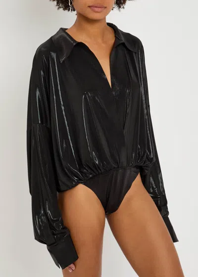 Norma Kamali Pearlescent Stretch-jersey Shirt Bodysuit In Black